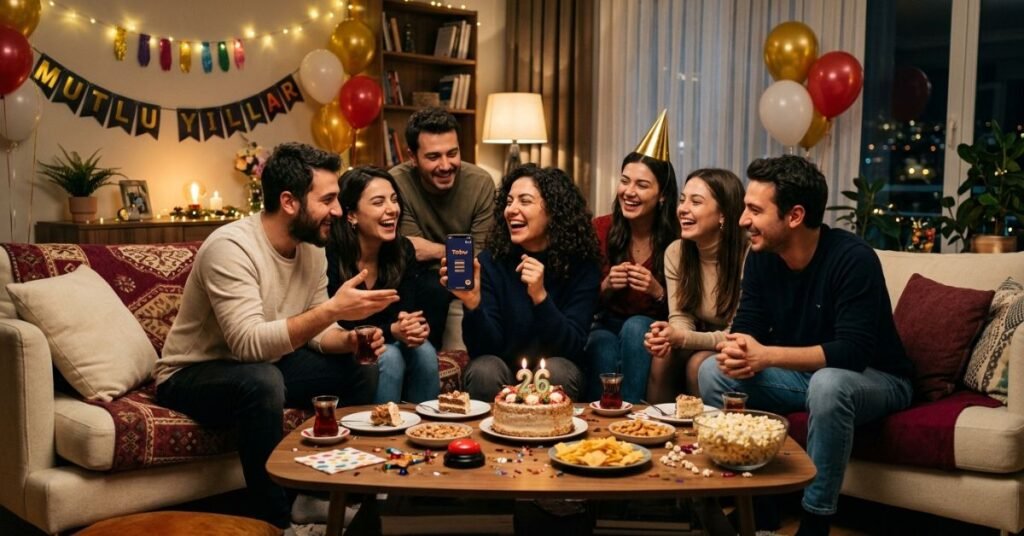 Arkadaşlarla evde 26 yaş doğum günü partisinde Tabu Oyna oynuyor - yetişkin parti eğlencesi
