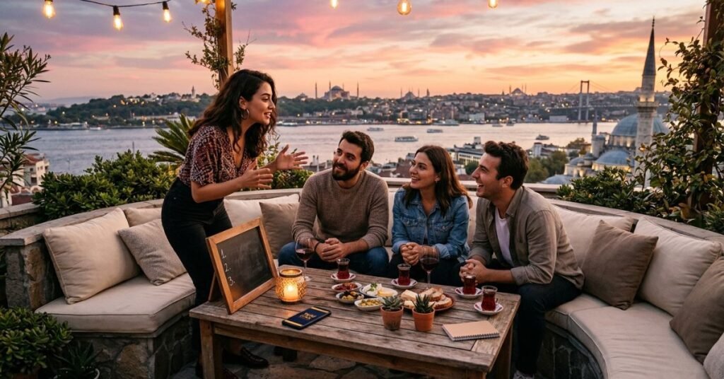 İstanbul terasında arkadaşlar gün batımında İki Doğru Bir Yalan oynuyor - Boğaz manzaralı oyun gecesi