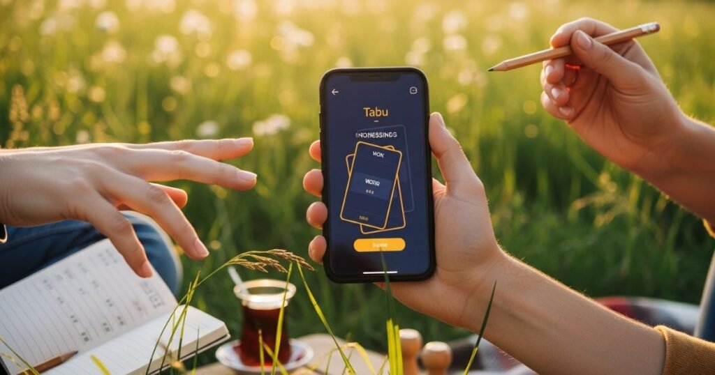 Doğada piknikte telefonda Tabu Oyna kelime kartı - açık havada ücretsiz online oyun keyfi
