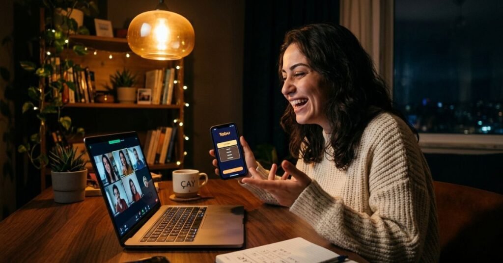 Evden Zoom'da uzaktan Tabu Oyna oynayan kadın - laptop ve telefonda online oyun keyfi