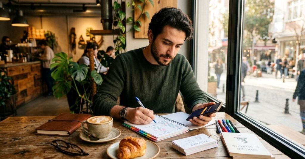 Kafede erkek defter ve telefonla Tabu Oyna ile kelime dağarcığı pratik yapıyor - günlük öğrenme yöntemi