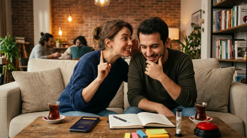 Kadın arkadaşına Taboo strateji ipuçları fısıldıyor - takım koçluğu ve pro teknikler