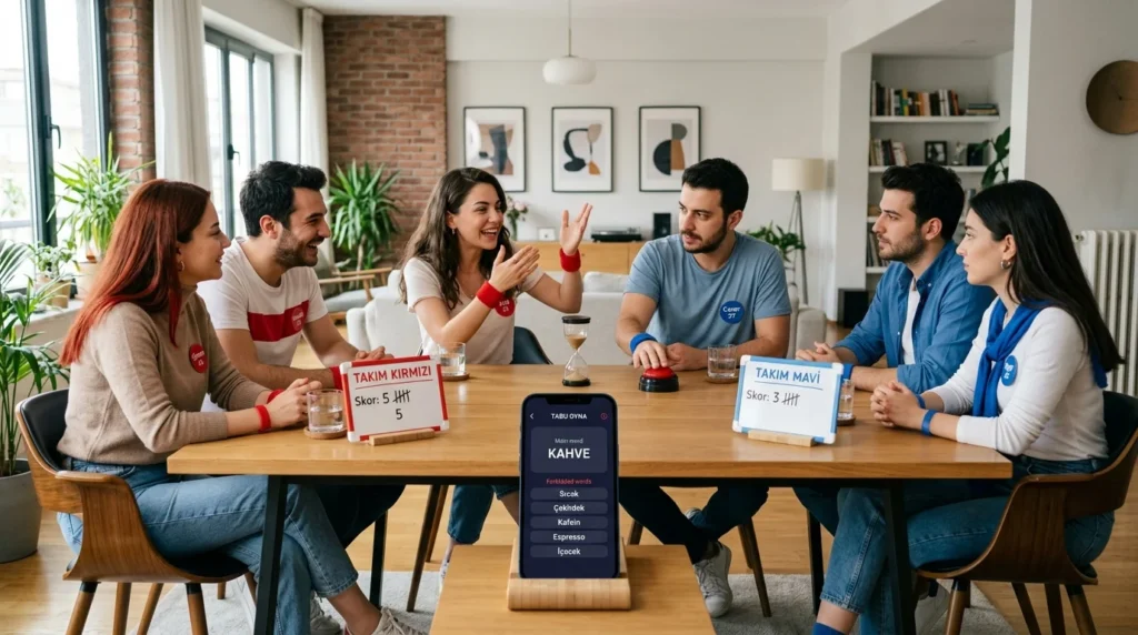 Arkadaşlar Tabu oynuyor - Takım Kırmızı 5 Takım Mavi 3, KAHVE kelimesi anlatılıyor