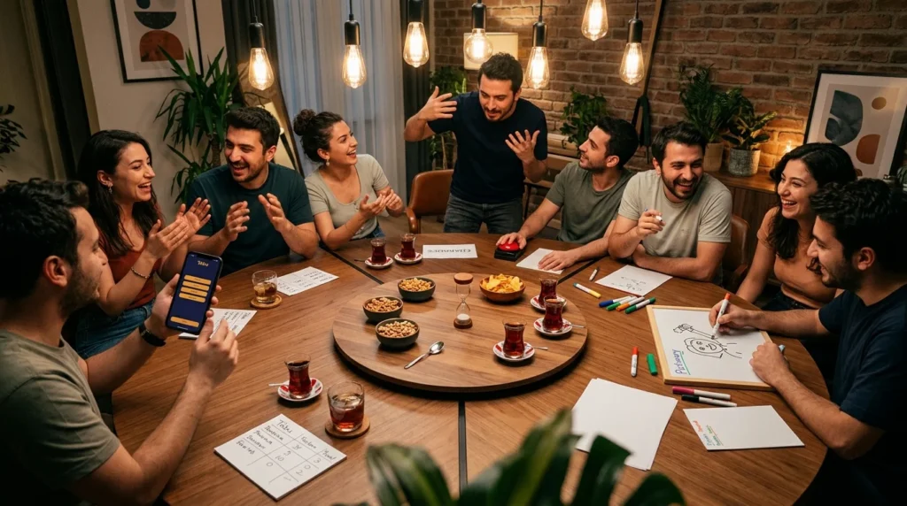 Arkadaşlarla evde Taboo, Charades ve Pictionary parti oyunları aynı anda oynanıyor - karşılaştırma rehberi