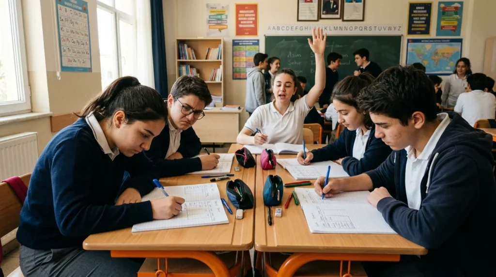 Lise öğrencileri sınıfta defterlerde İsim Şehir oyunu oynuyor - eğitici grup aktivitesi