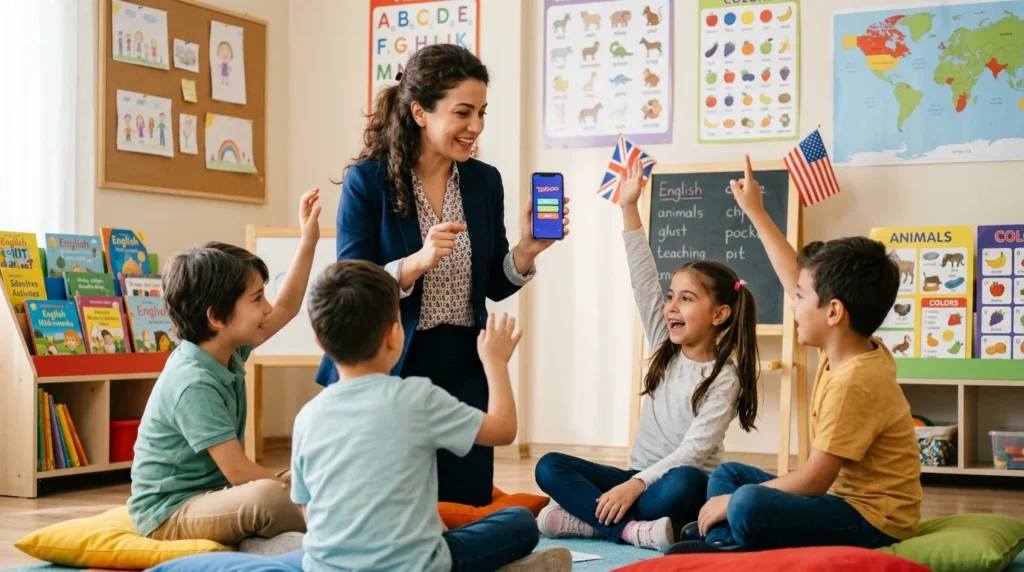 İngilizce öğretmeni öğrencilere Taboo ile İngilizce öğretiyor - dil aktivitesi