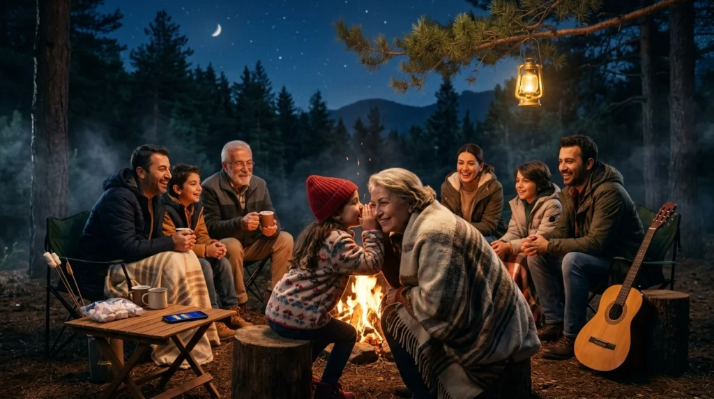 Aile kamp ateşi başında Kulaktan Kulağa oynuyor - ailece eğlenceli kamp gecesi